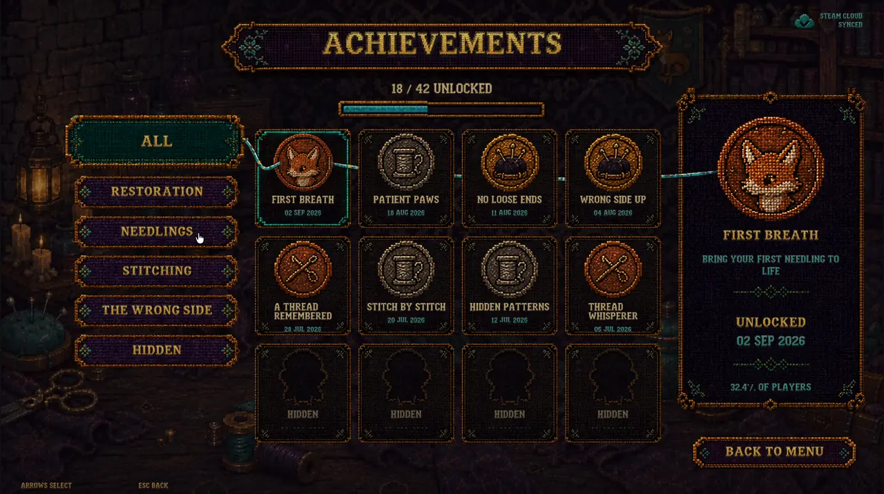 The achievements wall, with hidden ones still blank