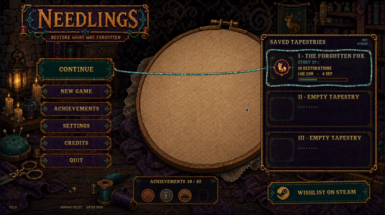The main menu: three saved tapestries and the hoop waiting on the table